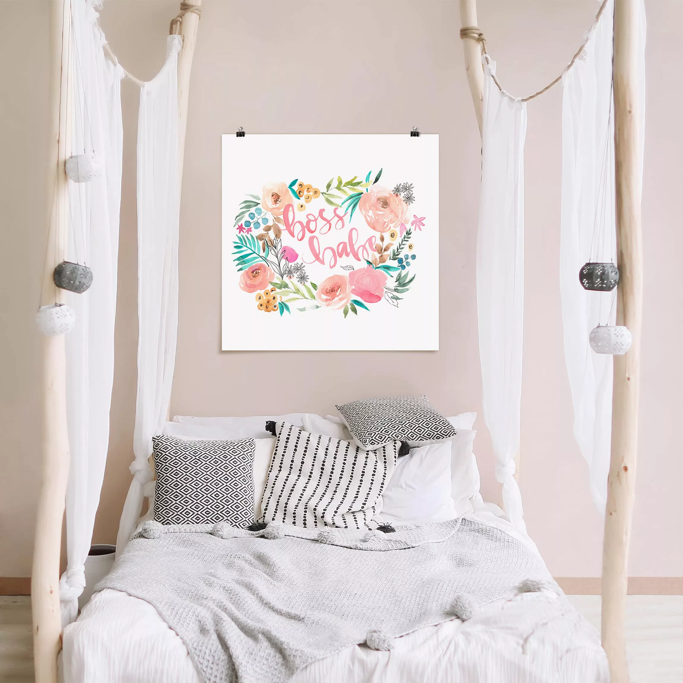 Poster Kinderzimmer - Quadrat Rosa Blüten - Boss Babe günstig online kaufen