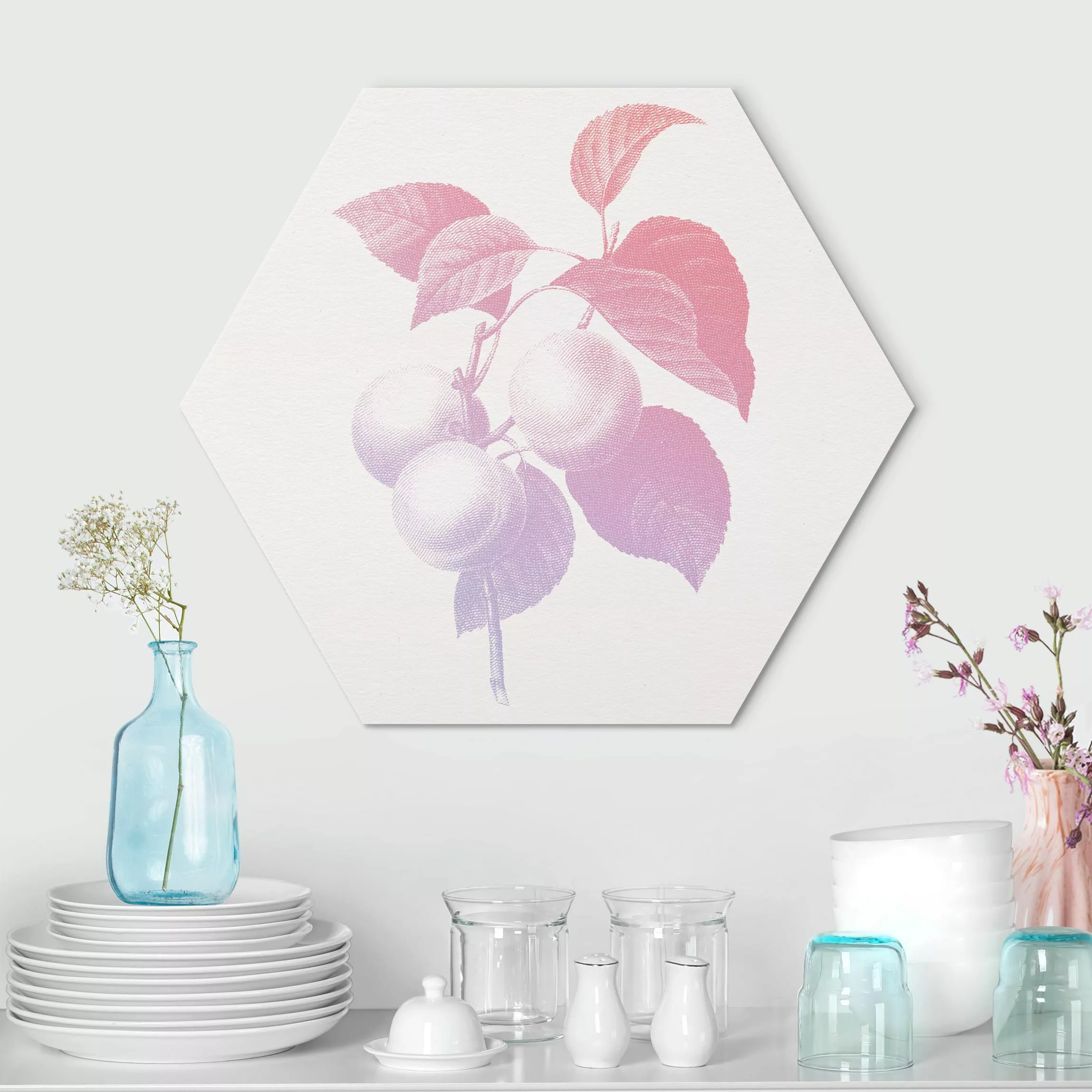 Hexagon-Alu-Dibond Bild Modern Vintage Botanik Pfirsich Rosa Violett günstig online kaufen