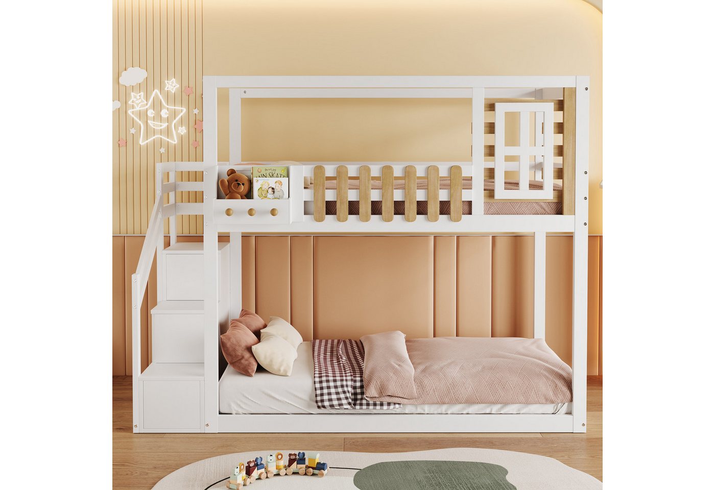 KLAM HOME Kinderbett Etagenbett 90x200cm mit 3 Schließfächer Rausfallschutz günstig online kaufen