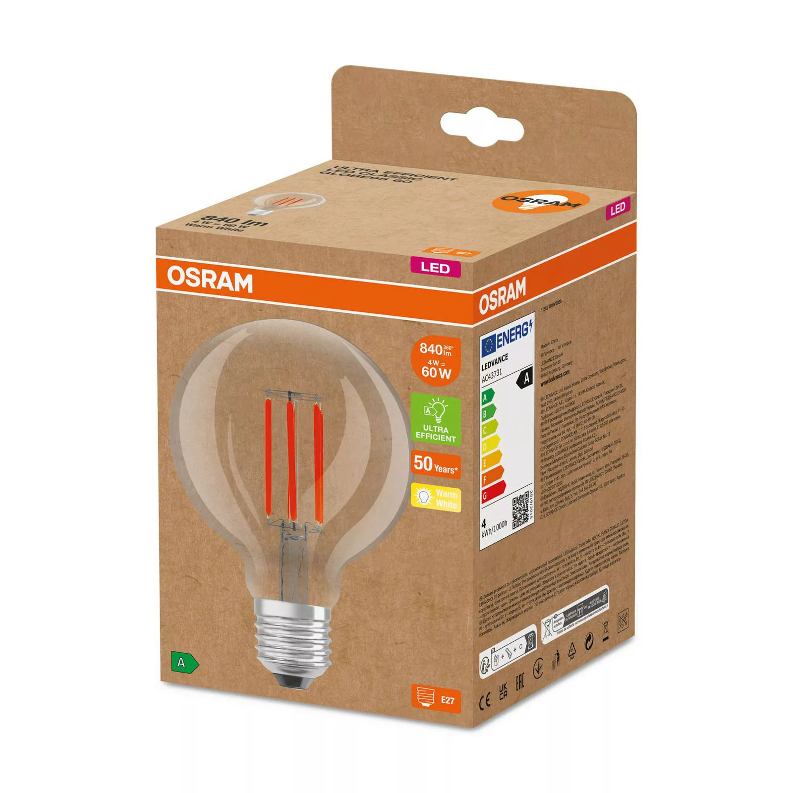 Osram LED Lampe ersetzt 60W E27 Globe - G95 in Transparent 4W 840lm 3000K 1 günstig online kaufen