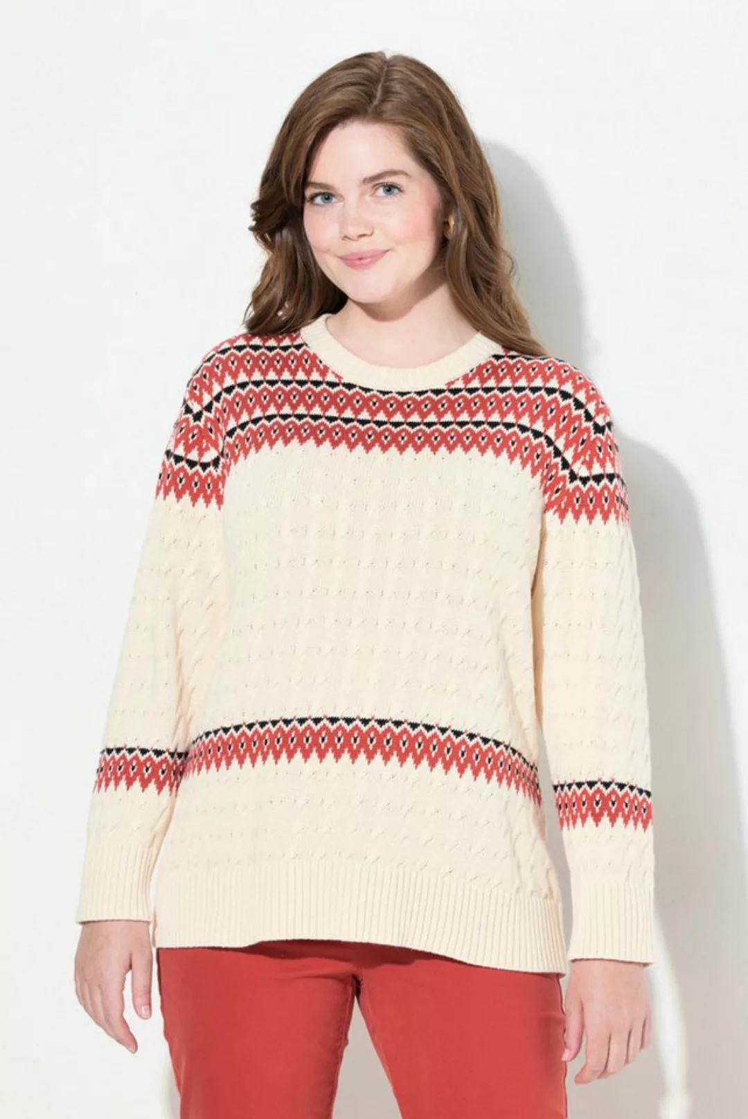 Ulla Popken Strickpullover Pullover Fair Isle Rundhals Langarm Biobaumwolle günstig online kaufen