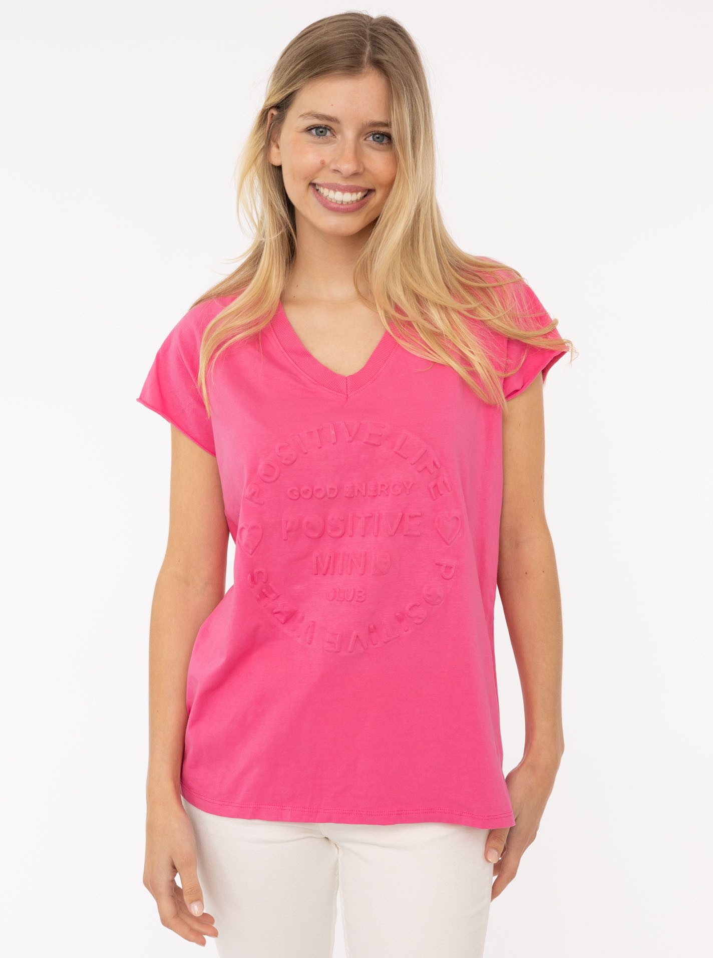 Zwillingsherz Kurzarmshirt ""Positive Mind"", V-Ausschnitt, Kurzarm, hinten günstig online kaufen