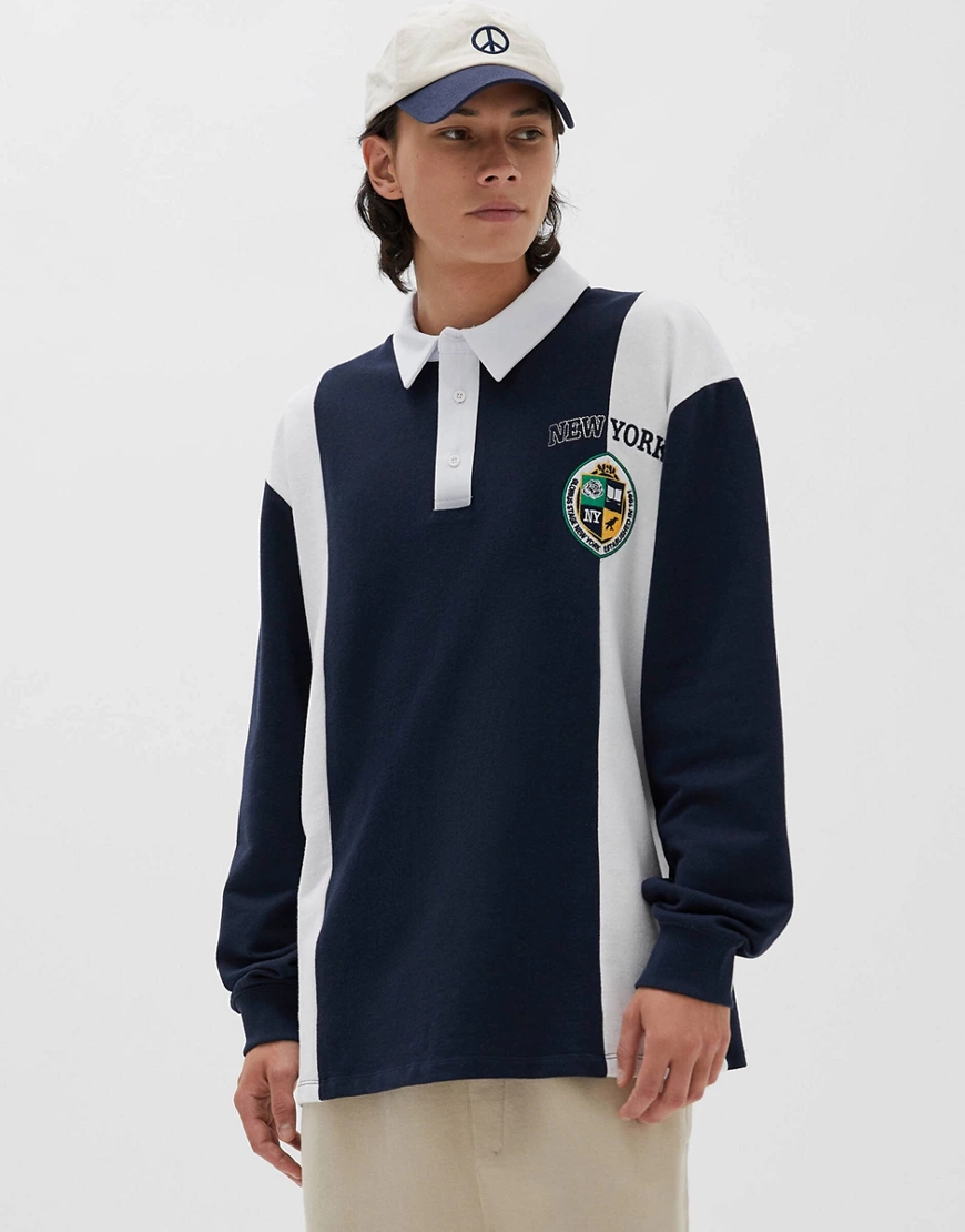 Pull&Bear – College-Polohemd in Marineblau mit „New York“-Design günstig online kaufen