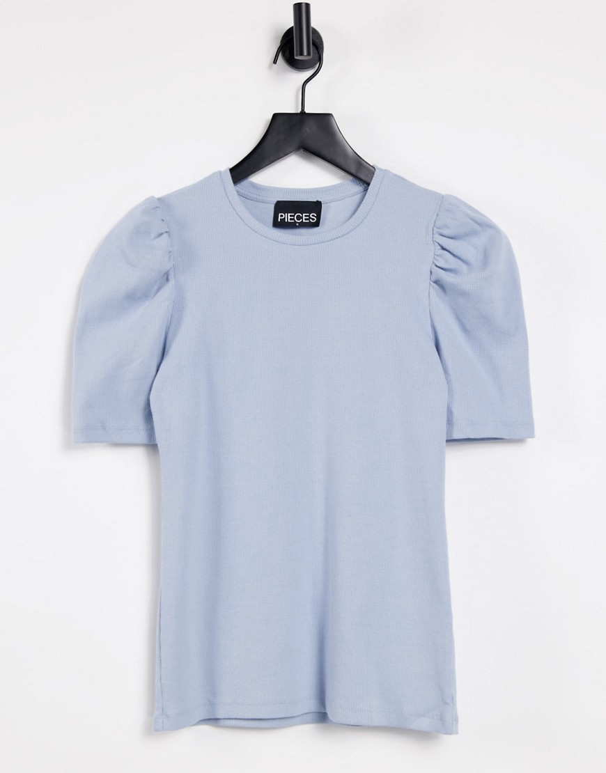 Pieces – T-Shirt mit Puffärmeln in Blau günstig online kaufen
