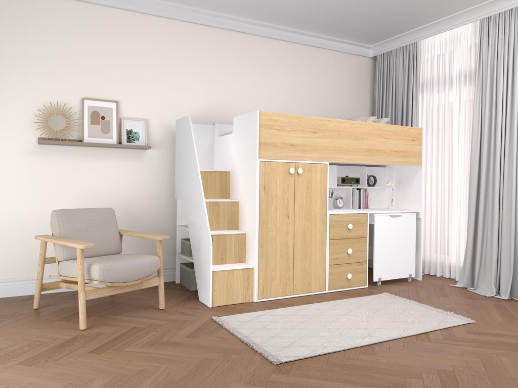 Hochbett mit Kleiderschrank & Schreibtisch - 90 x 190 cm - Weiß & Holzfarbe günstig online kaufen