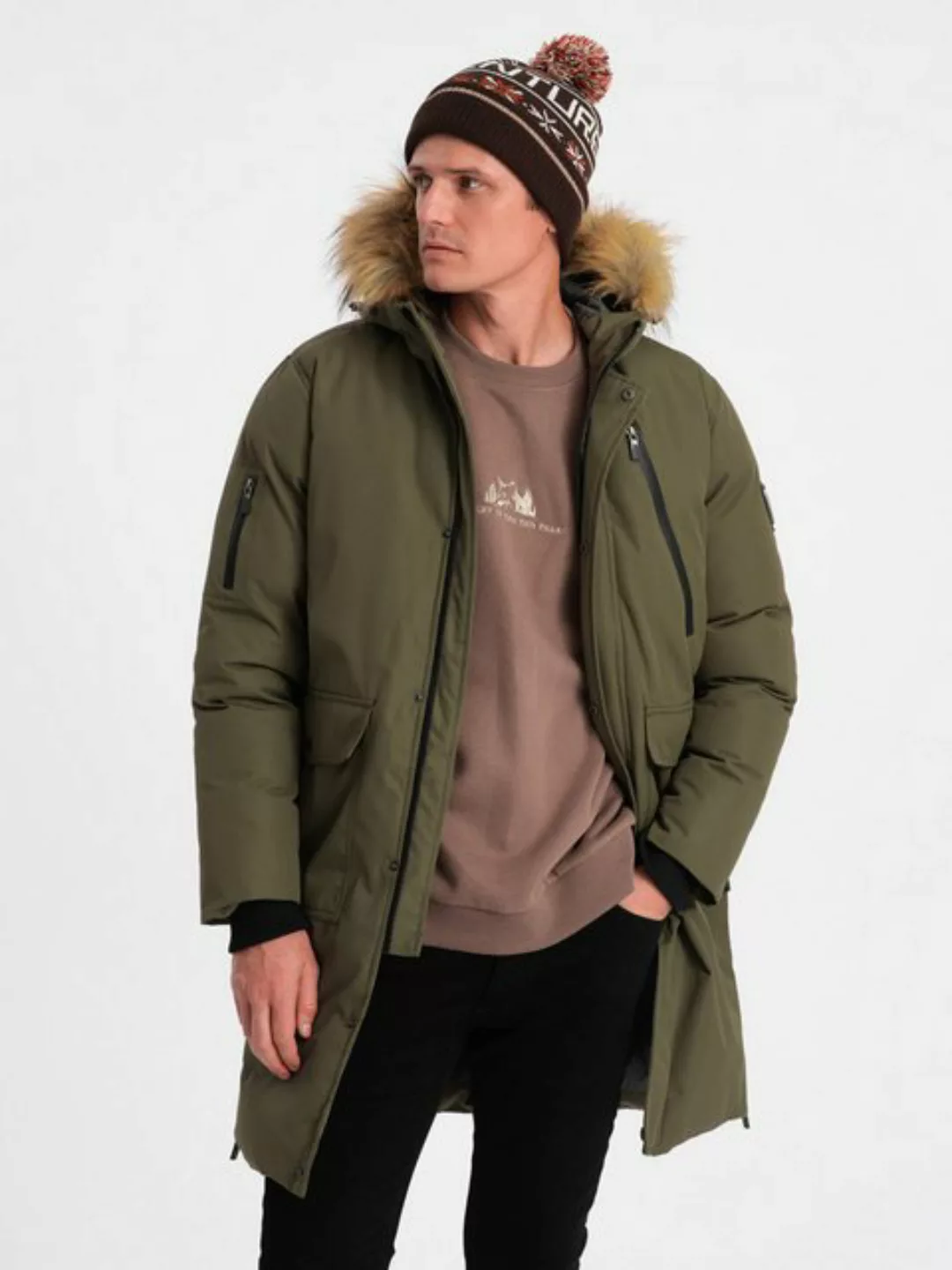 OMBRE Winterjacke Herren Winterjacke mit abnehmbarem Fell an der Kapuze günstig online kaufen