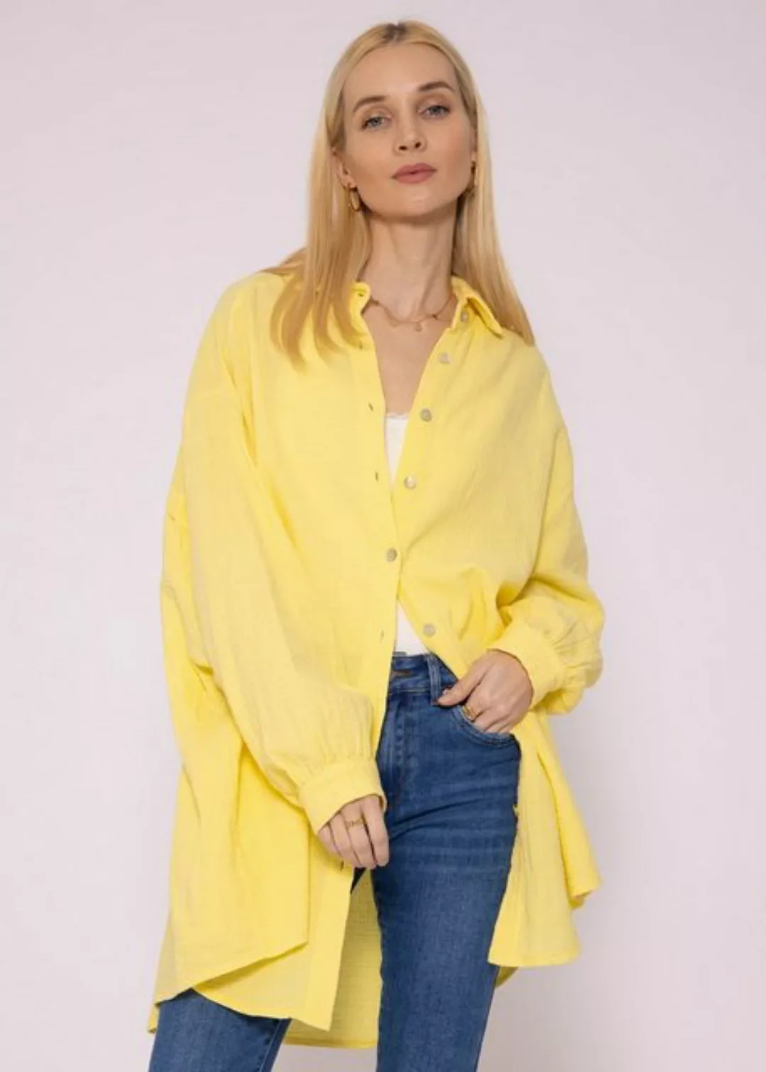 SASSYCLASSY Longbluse Oversize Musselin Bluse Damen Langarm Hemdbluse lang günstig online kaufen