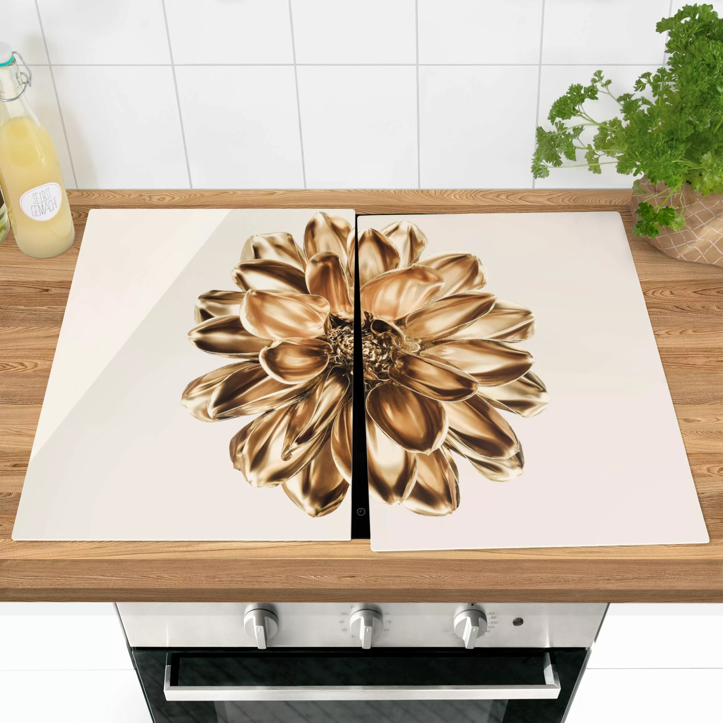 Herdabdeckplatte Blumen Dahlie Blume Gold Metallic günstig online kaufen