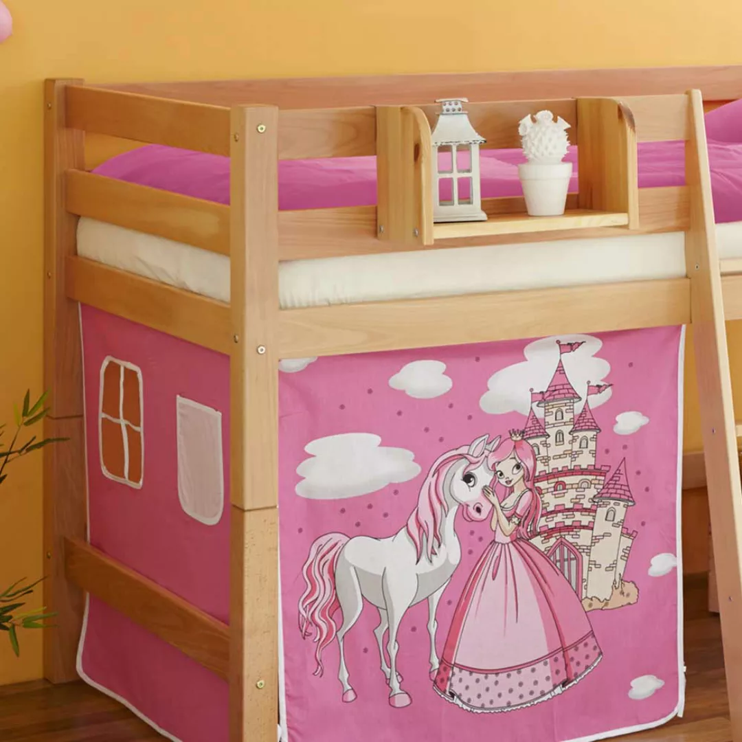 Buche Halbhochbett mit Vorhang im Prinzessin Design massiv lackiert günstig online kaufen