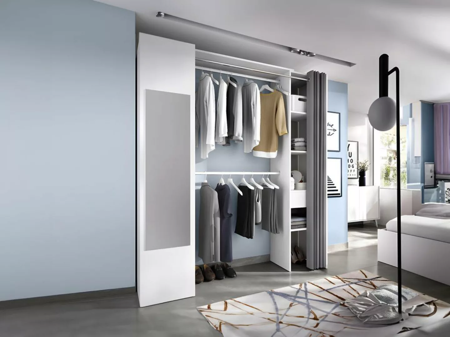 Kleiderschrank mit Vorhang & 1 Tür + Spiegel - B 177 cm - Weiß und Grau - B günstig online kaufen