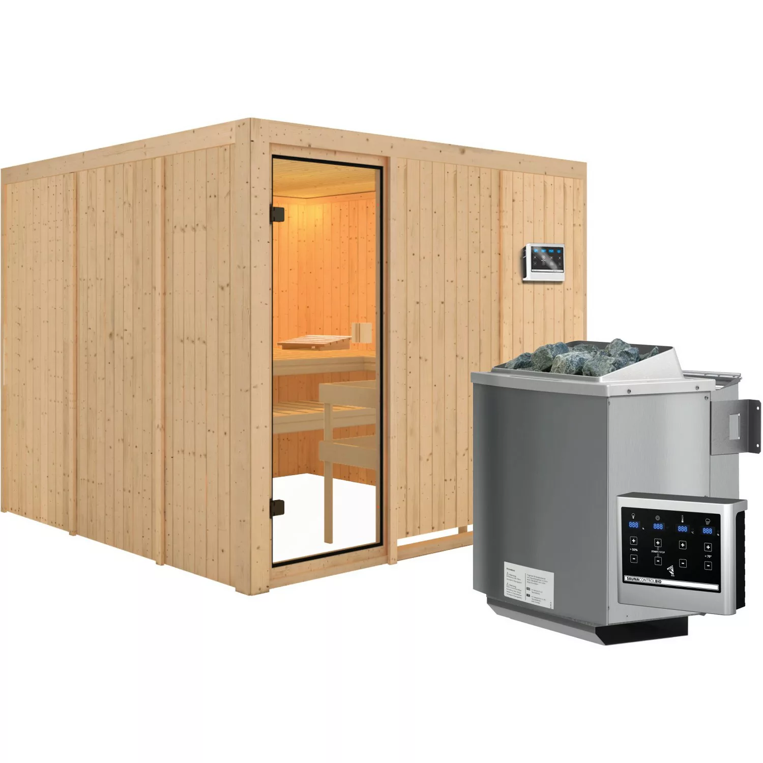 Karibu Sauna Arvika inkl. 9 kW Bio-Ofen mit ext. Strg., Glastür Bronziert günstig online kaufen