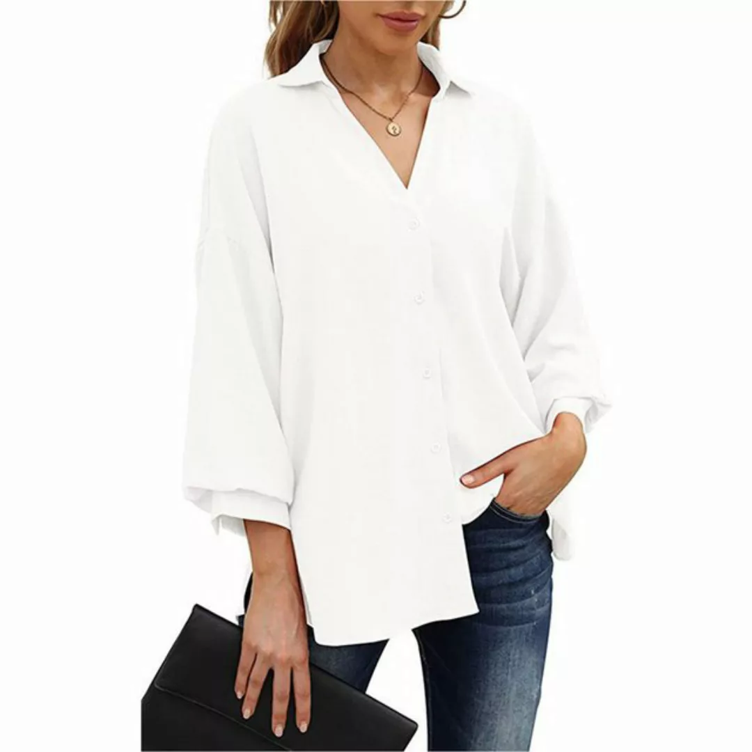 Zoclack Hemdbluse Damen Langärm Blusenshirt Lockeres mit V-Ausschnitt & Kno günstig online kaufen