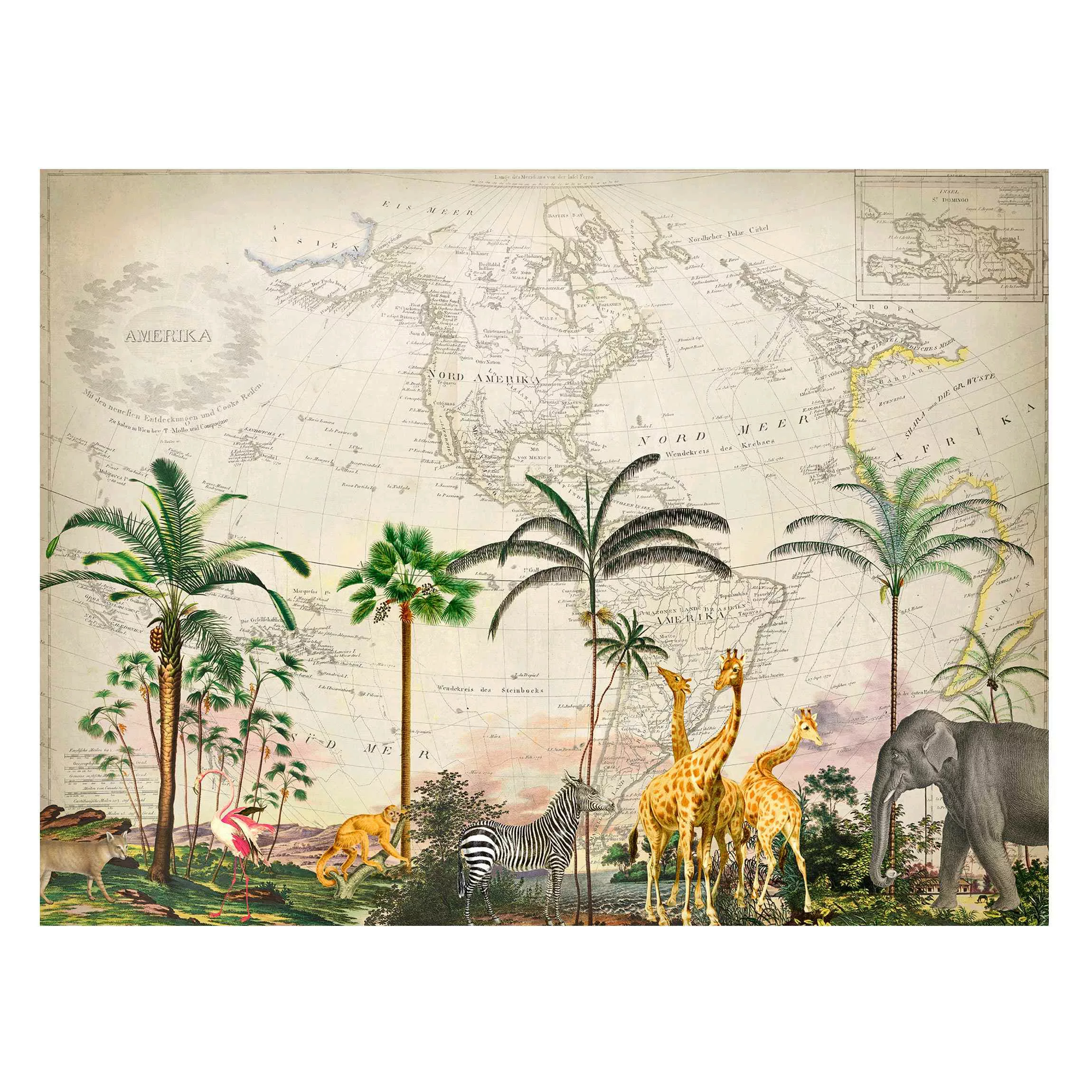 Magnettafel Vintage Collage - Tierwelt auf Weltkarte günstig online kaufen