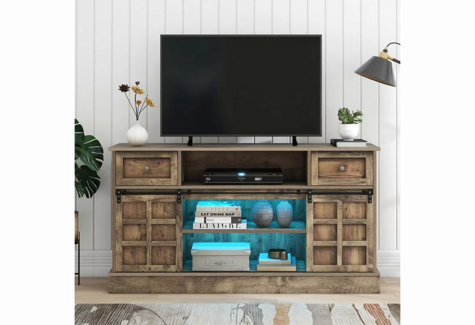 Celya TV-Schrank Sideboard Retro TV Schrank mit 2 Schiebetüren & 9 Stauraum günstig online kaufen