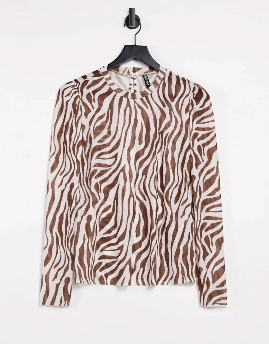 Pieces – Langärmliges T-Shirt aus Netzstoff mit Zebramuster-Mehrfarbig günstig online kaufen