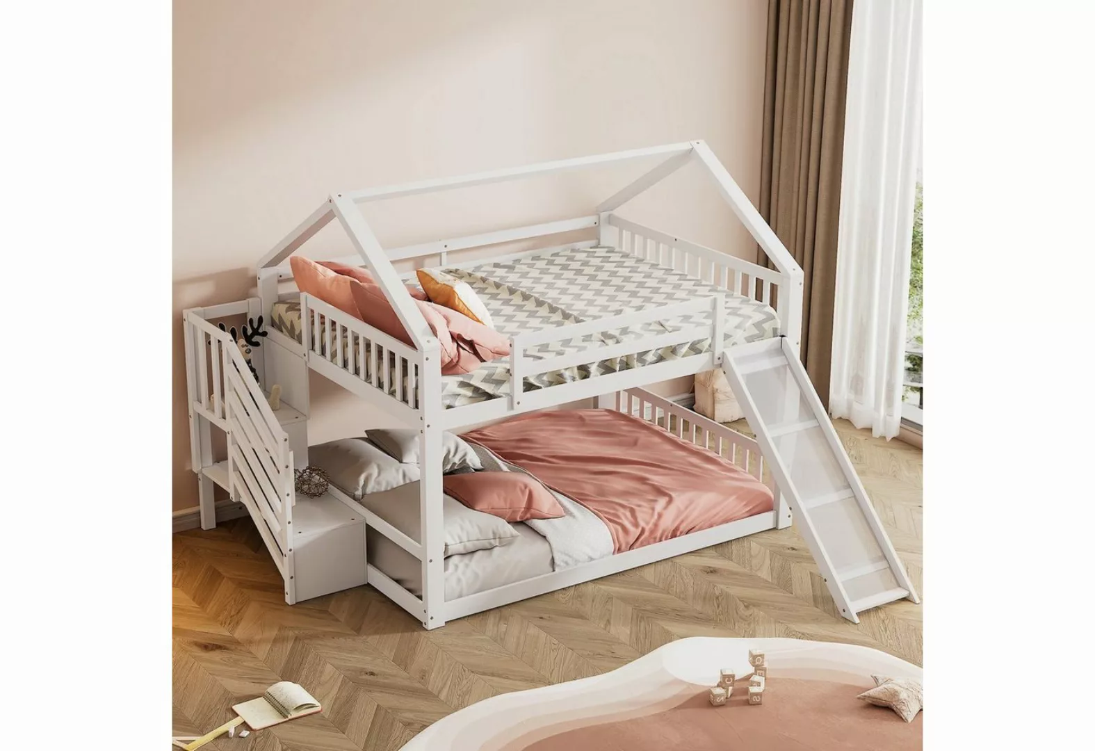 Ulife Hausbett Etagenbett Kinderbett mit Stauraumtreppe und Rutsche, 140x20 günstig online kaufen