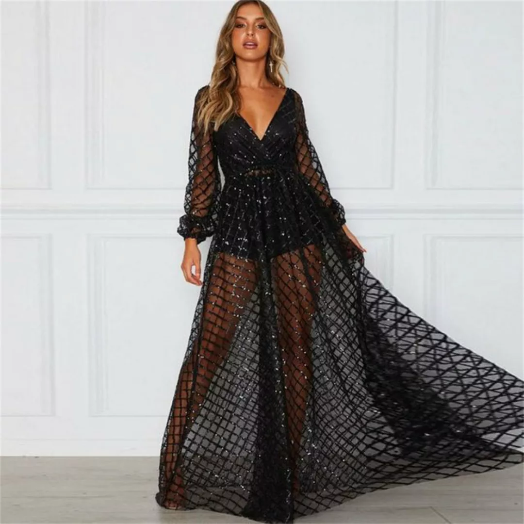 RUZU UG Abendkleid Pailletten sexy V-Ausschnitt rückenfreies Kleid langer R günstig online kaufen