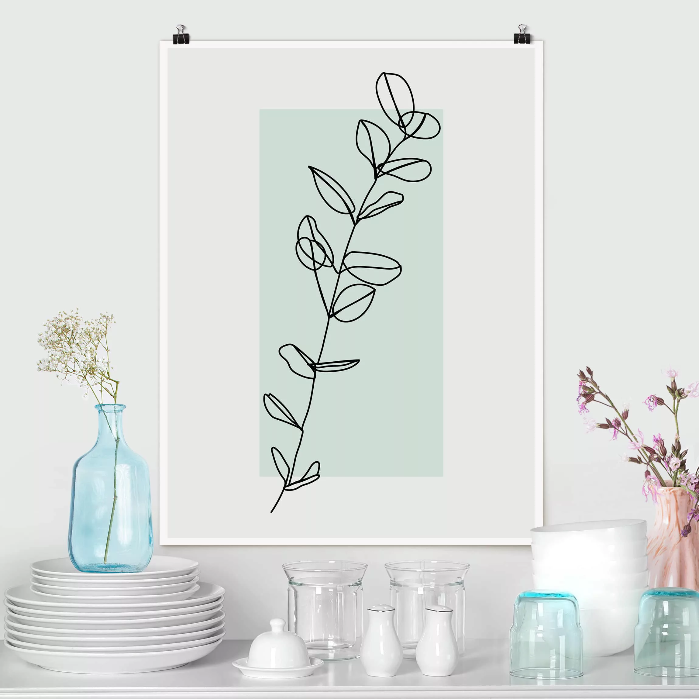 Poster Blumen - Hochformat Zweig Geometrie Viereck Line Art günstig online kaufen