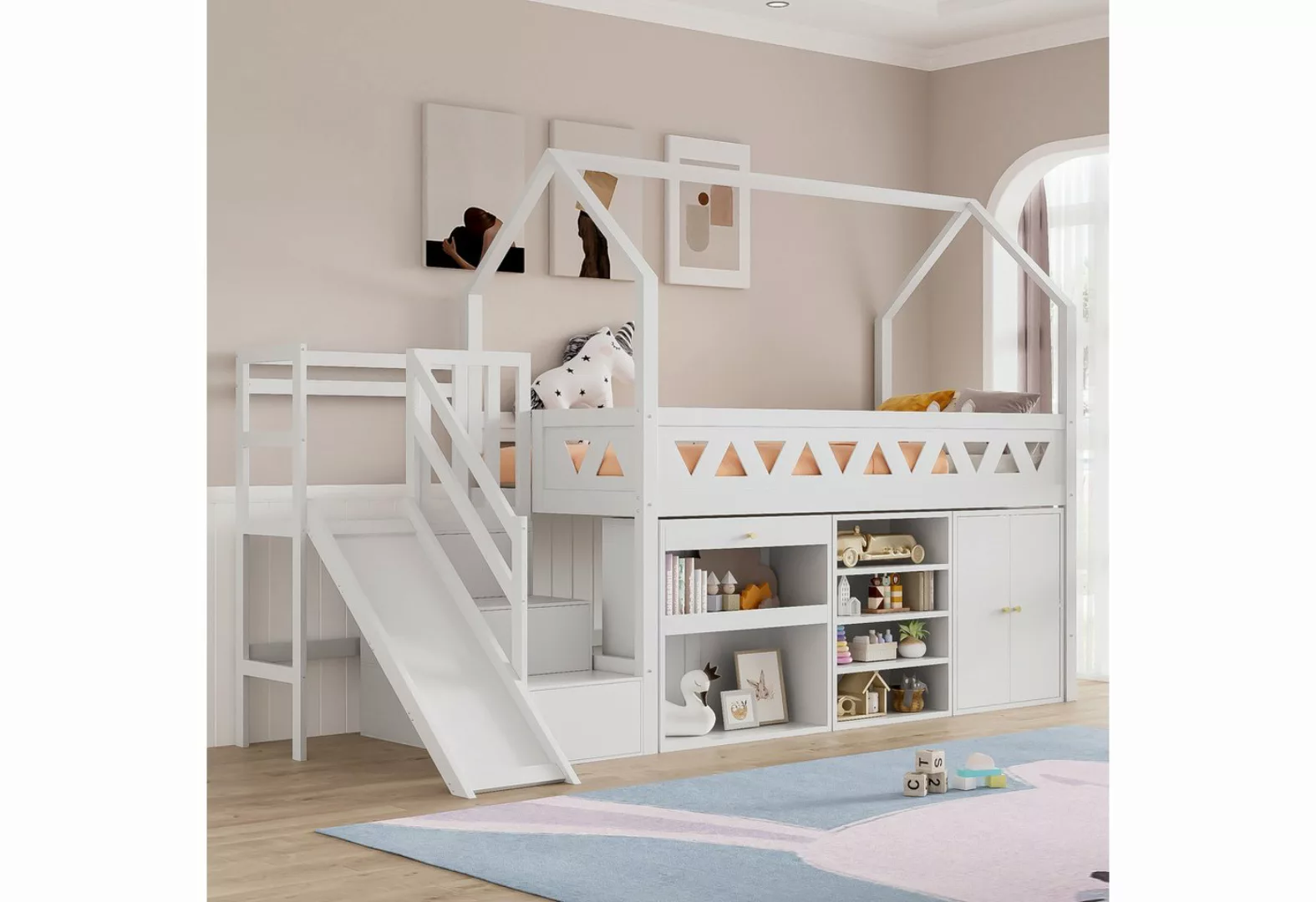 Flieks Hochbett Kinderbett Etagenbett mit Schränke, Rutsche und Treppe 90x2 günstig online kaufen