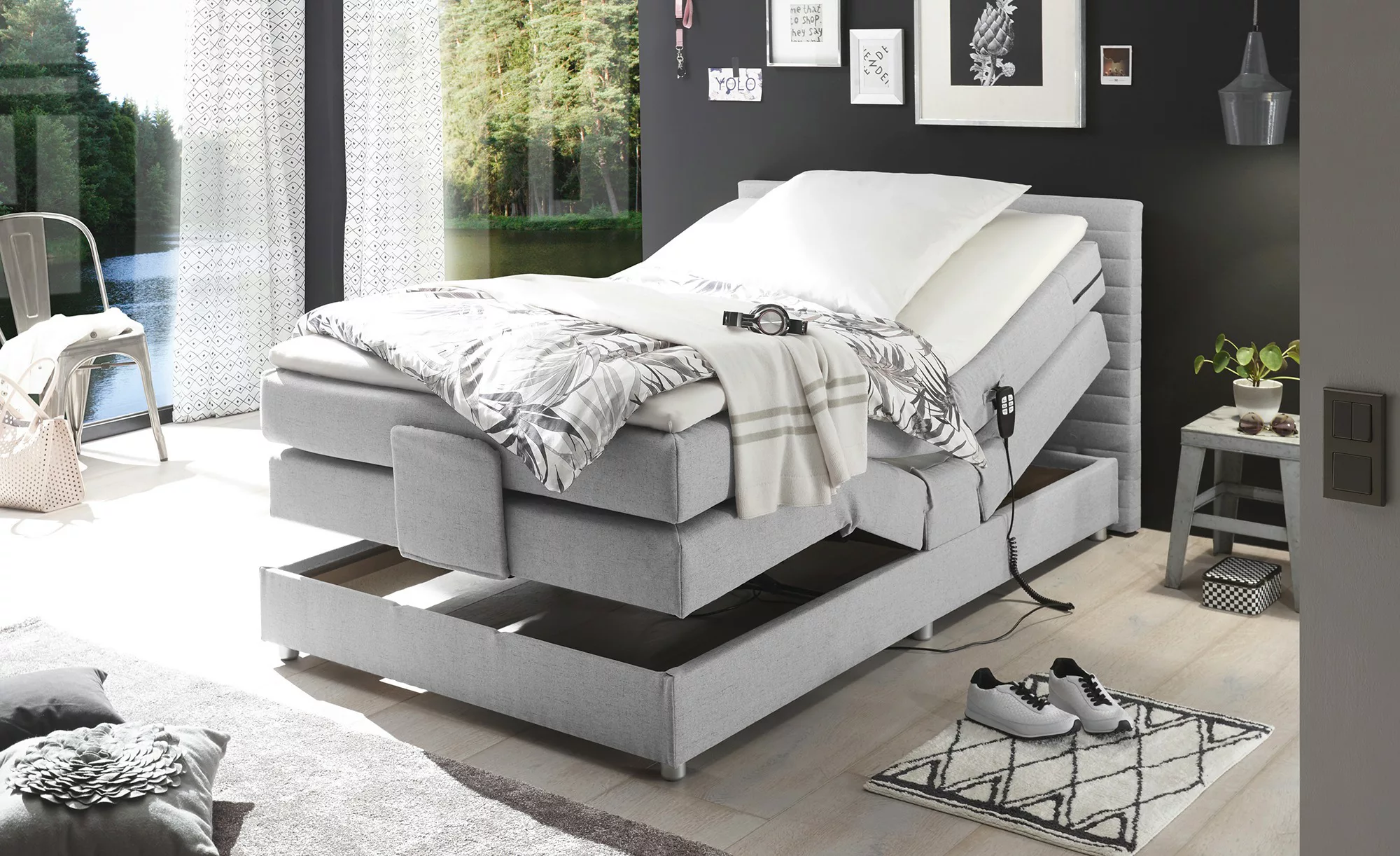 Boxspring-Motorbett  Carmen - grau - 140 cm - 90 cm - 208 cm - Sconto günstig online kaufen