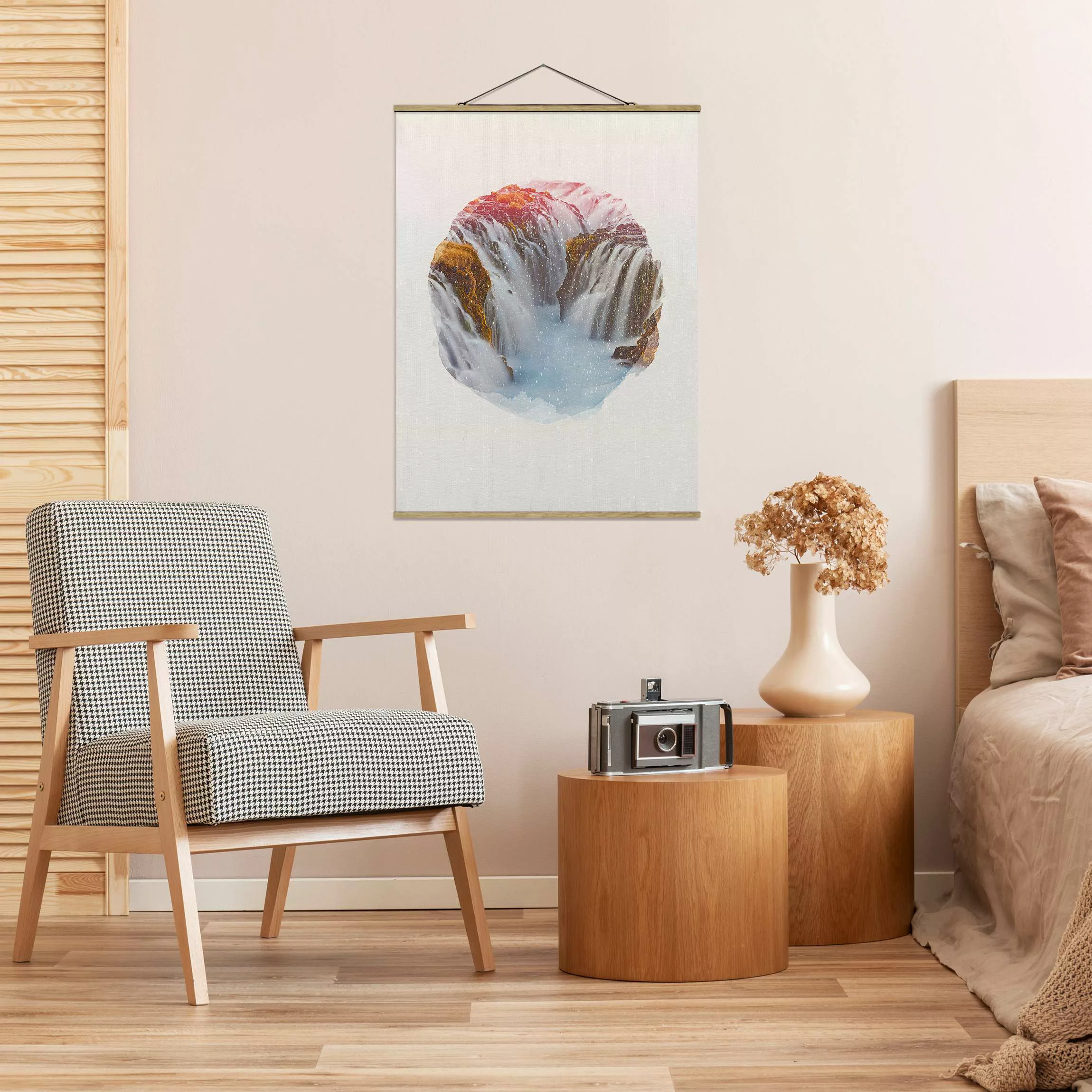 Stoffbild Landschaft mit Posterleisten - Hochformat Wasserfarben - Brúarfos günstig online kaufen