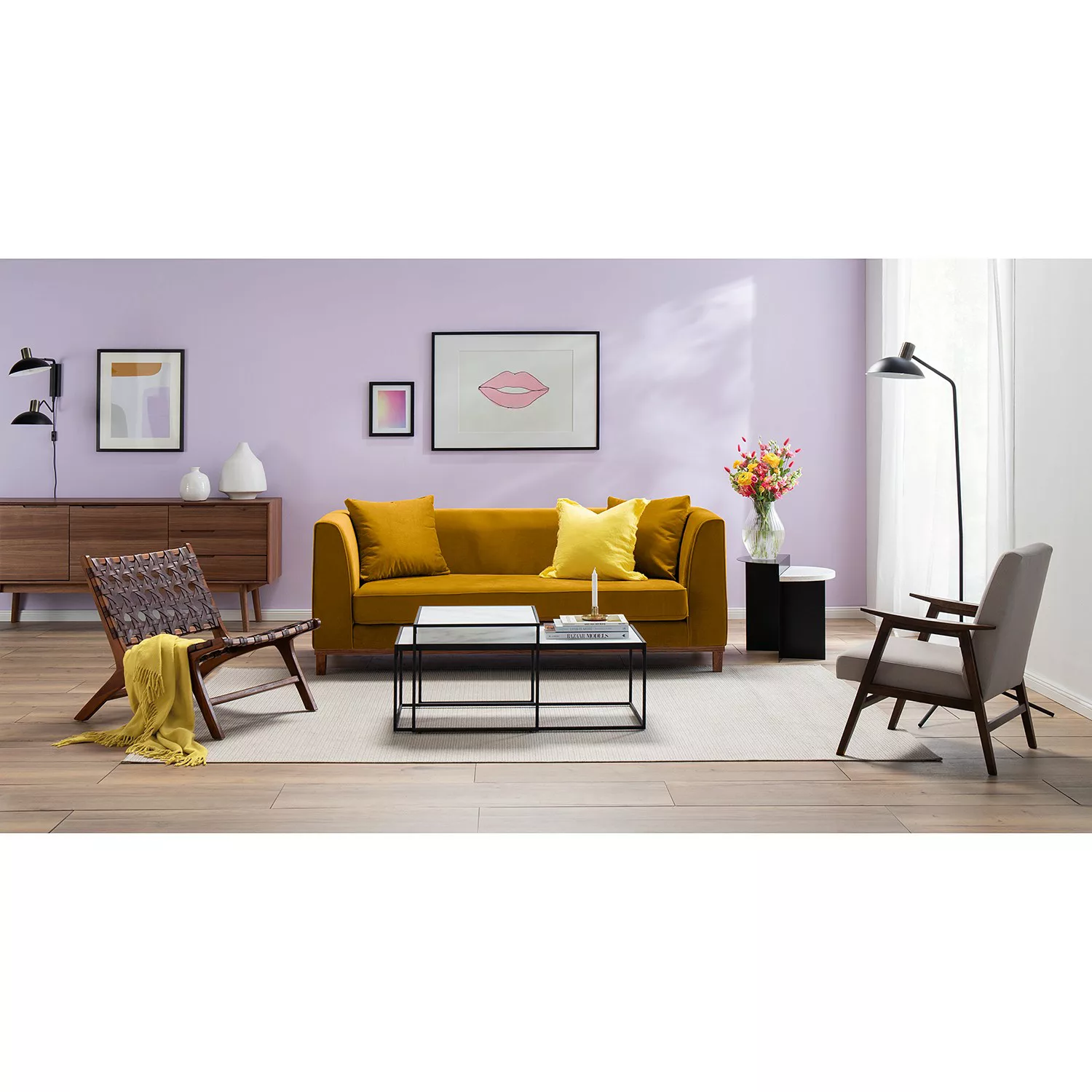 home24 Jack & Alice Sofa Blomma 3-Sitzer Senfgelb Samtstoff 201x79x82 cm günstig online kaufen