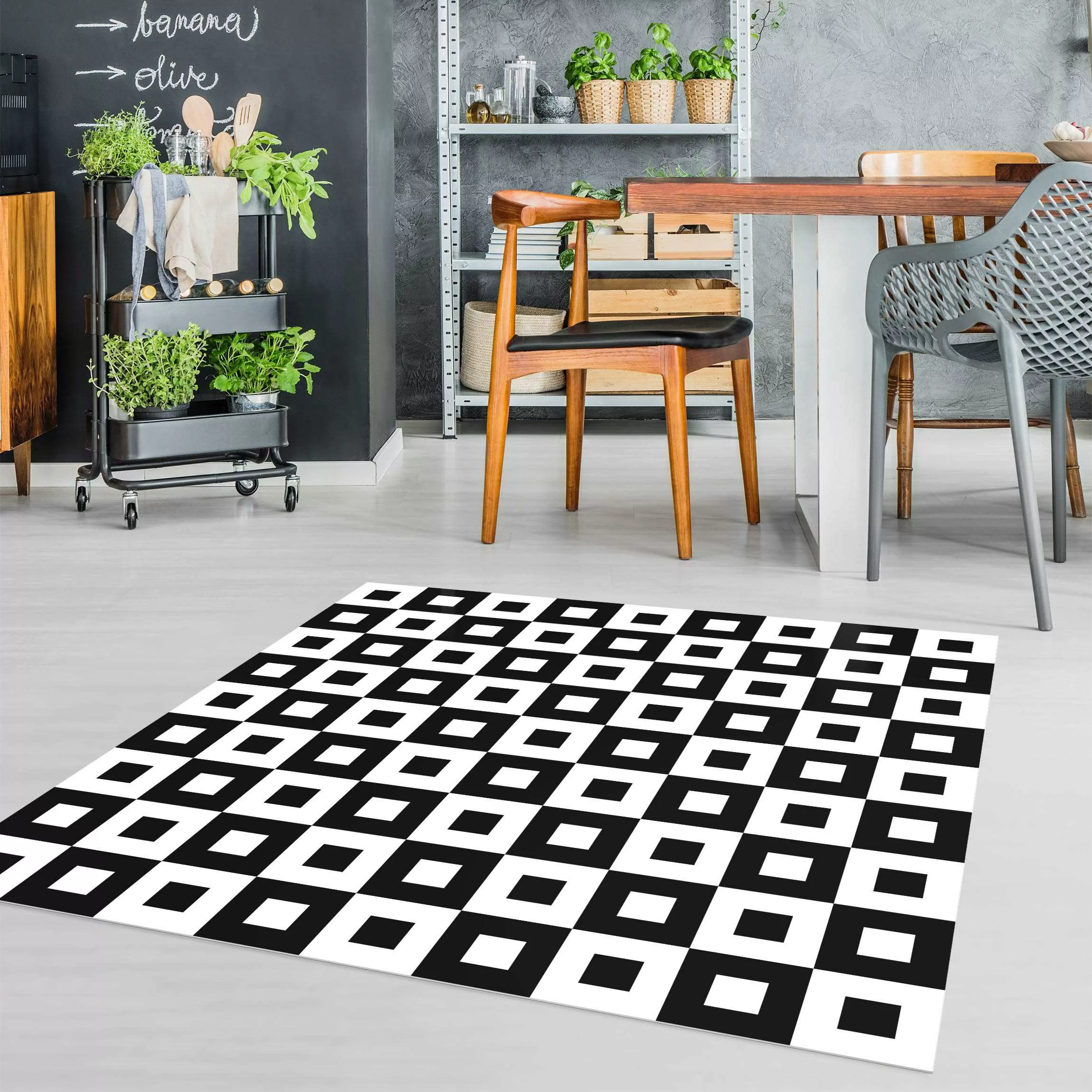 Vinyl-Teppich Geometrisches Muster aus Schwarz Weißen Quadraten günstig online kaufen