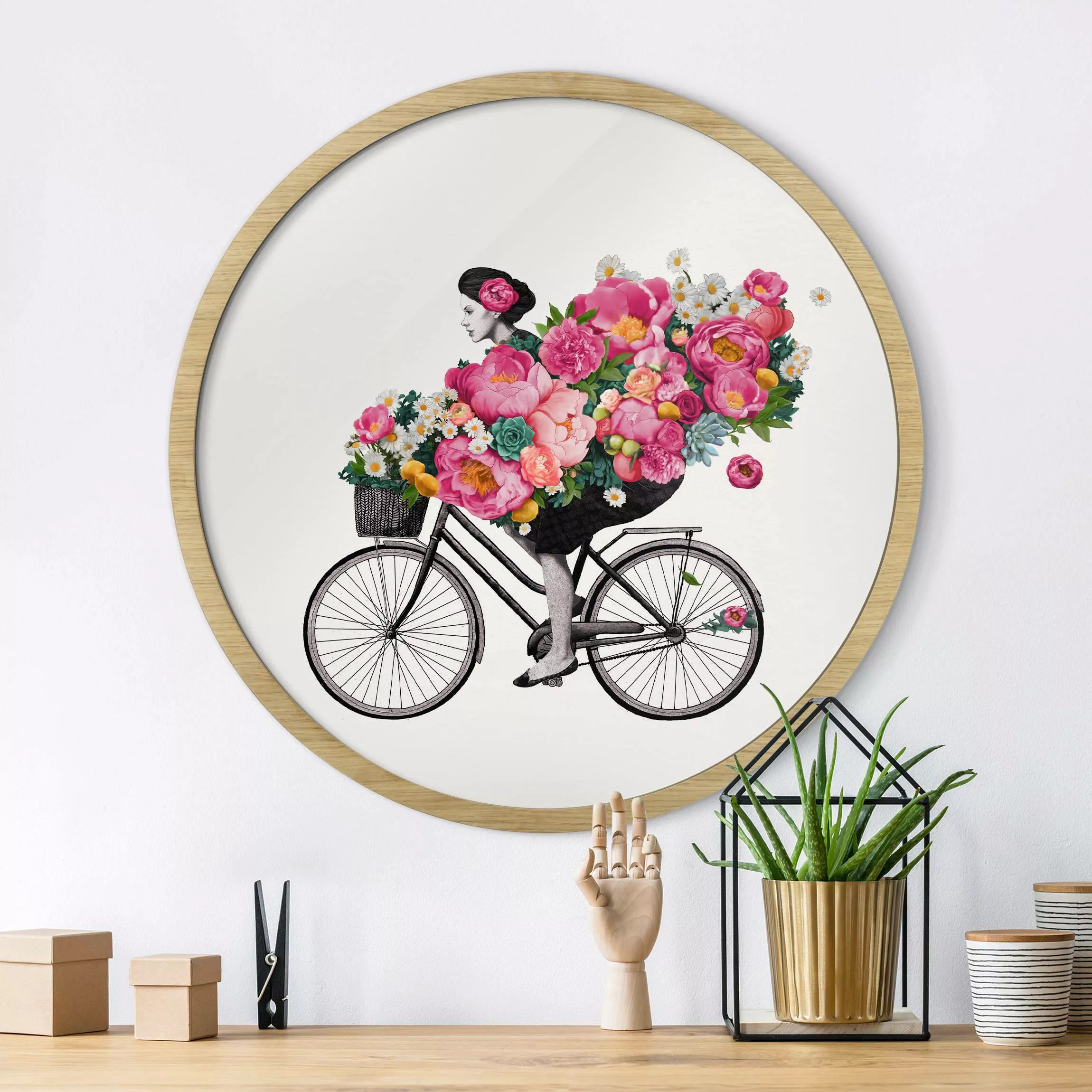 Rundes Gerahmtes Bild Illustration Frau auf Fahrrad Collage bunte Blumen günstig online kaufen