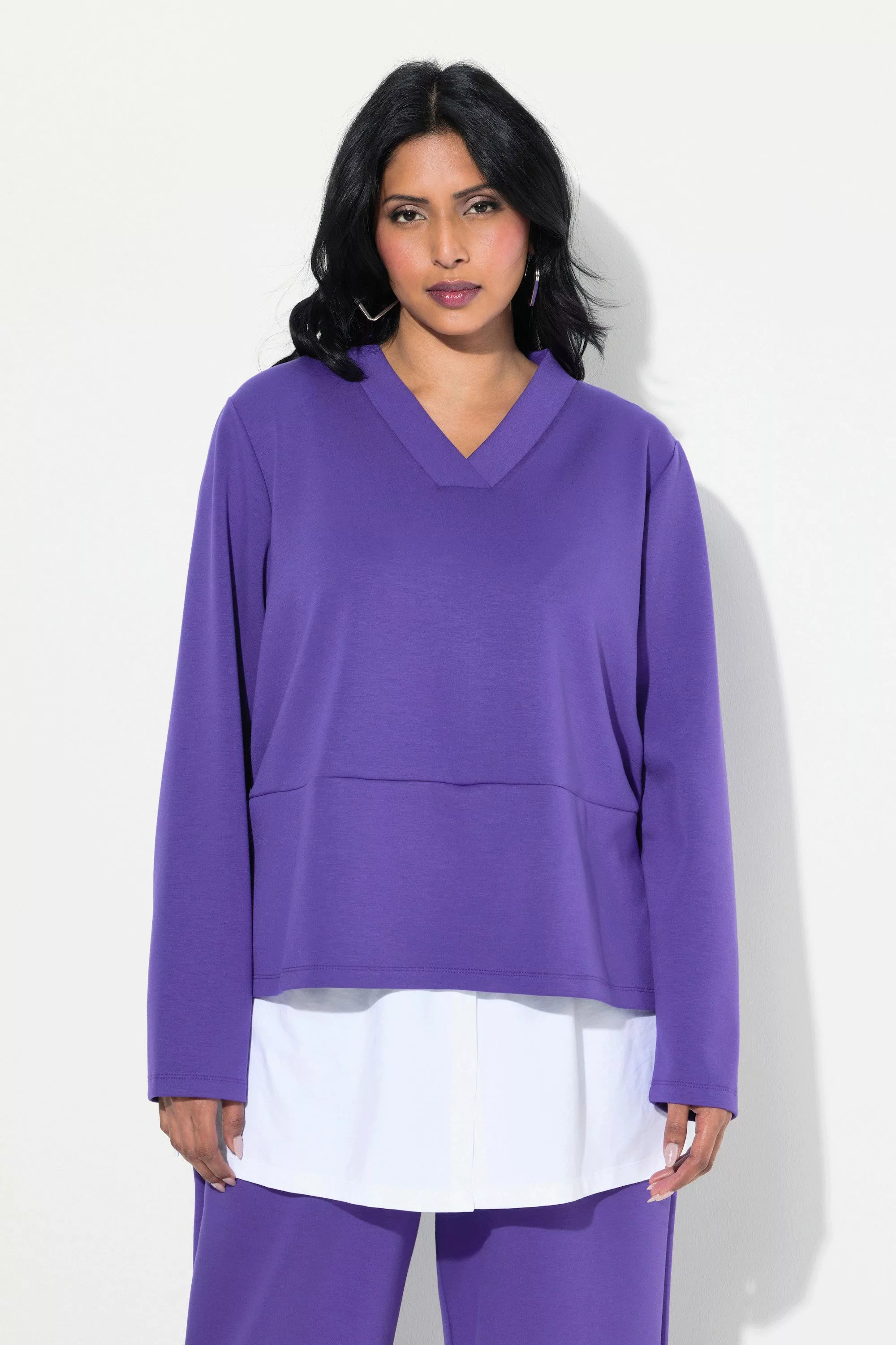 Ulla Popken Sweatshirt Sweatshirt Bluseneinsatz V-Ausschnitt günstig online kaufen