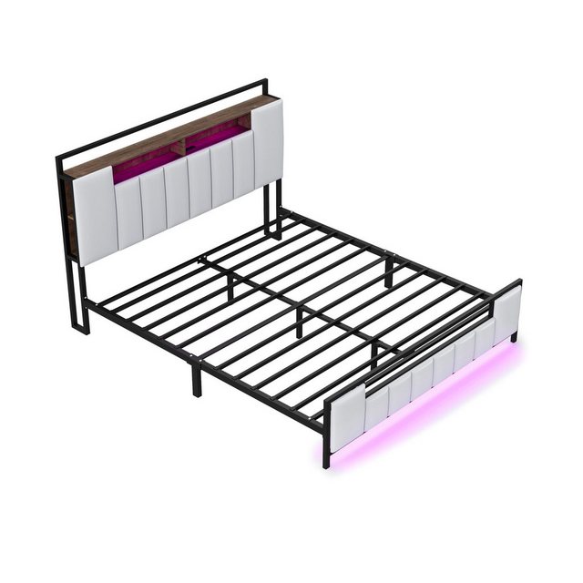 WISHDOR Polsterbett Doppelbett mit LED-Licht, mit USB-Steckdose (Bettgestel günstig online kaufen