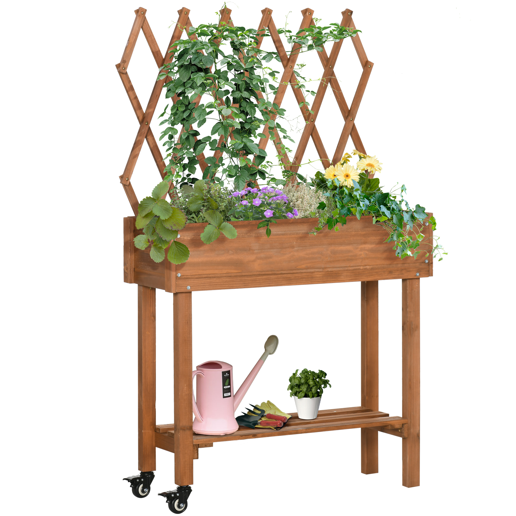 Outsunny Hochbeet mit Rankgitter Blumenkasten auf Rollen mit Ablage aus mas günstig online kaufen