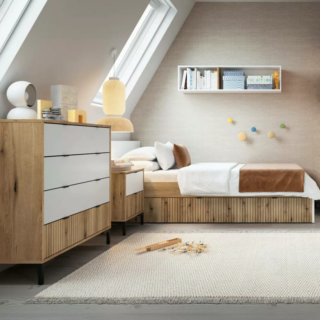 Jugendzimmer Set RISBY-129 mit Bett 120x200 cm in Eiche mit weiß und Rillen günstig online kaufen