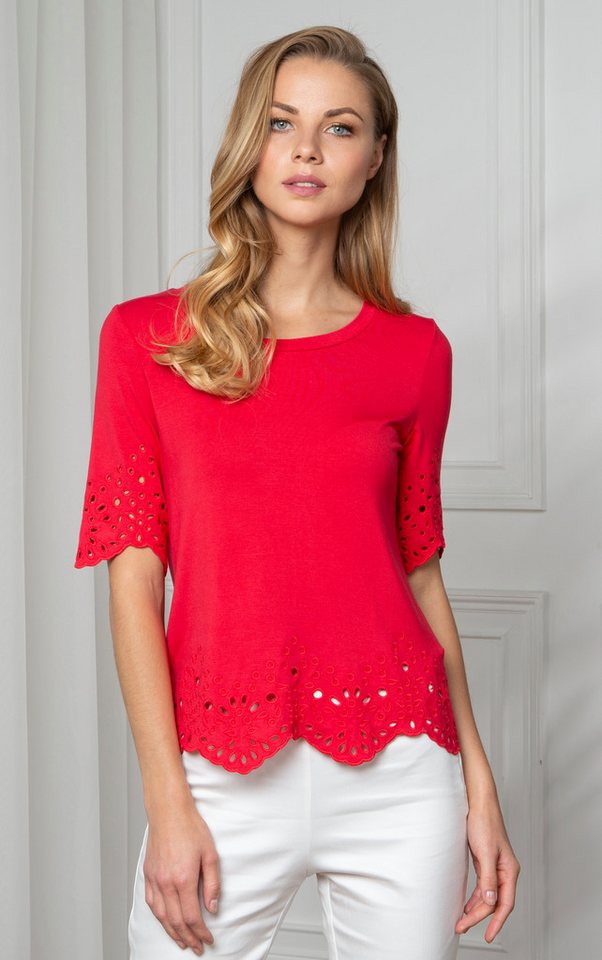 Passioni T-Shirt Sommer-T-Shirt in Rot mit Broderie-Anglaise-Details günstig online kaufen