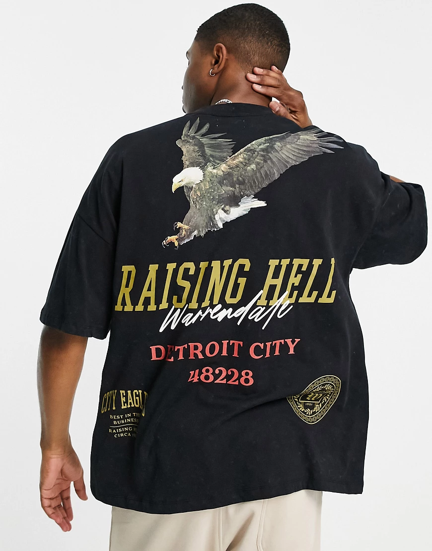 Topman – Oversize-T-Shirt in schwarzer Waschung mit „Raising Hell“-Print günstig online kaufen