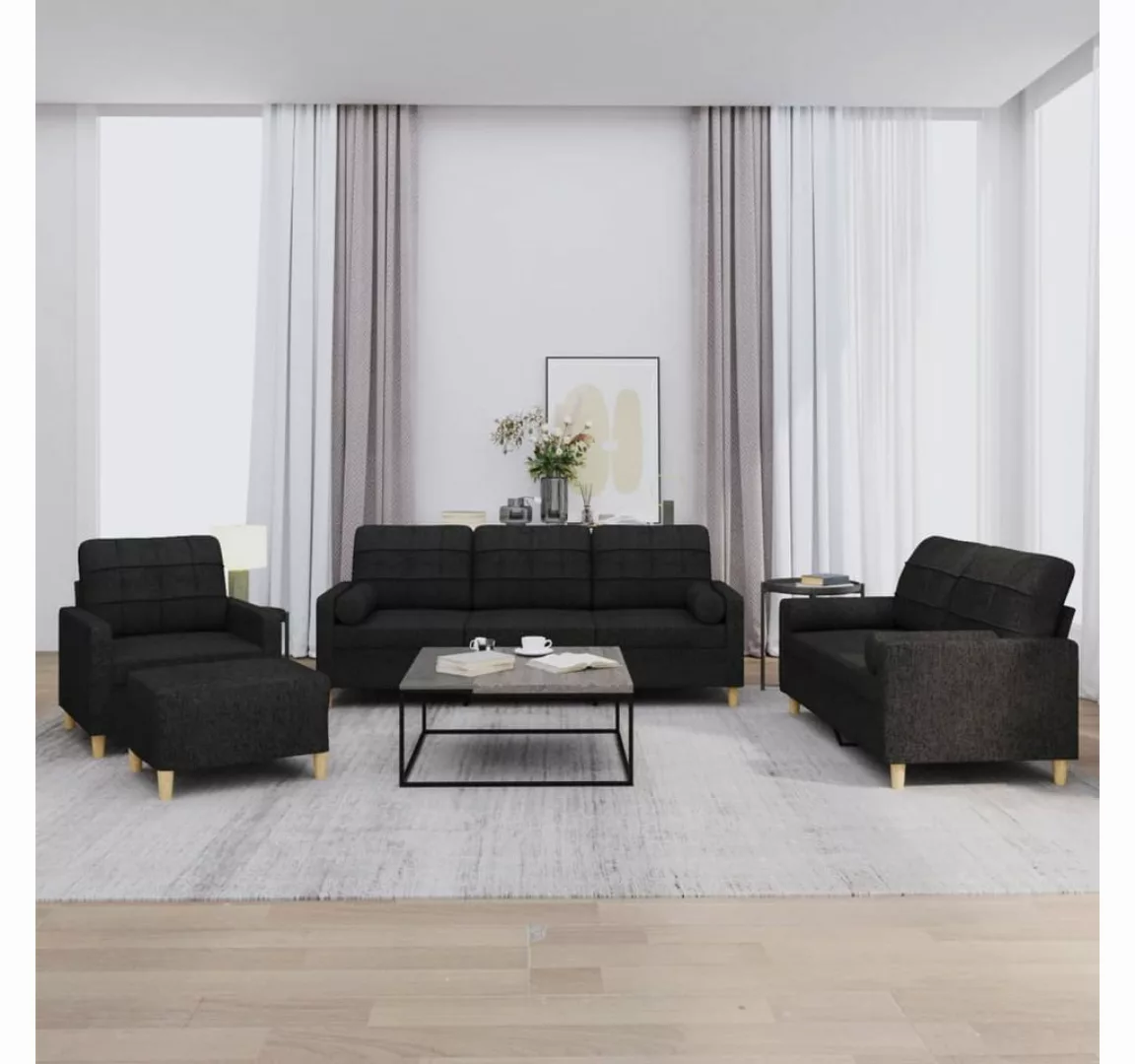 vidaXL Sofa Sofagarnitur mit Kissen Stoff, mit Zierkissen + Hocker, Schwarz günstig online kaufen