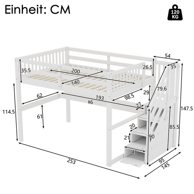 Flieks Hochbett Massivholz Etagenbett Kinderbett 140×200cm mit Treppe und S günstig online kaufen