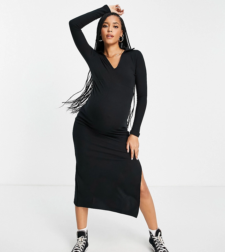 Topshop Maternity – Jersey-Midikleid in Schwarz mit eingefasstem Auschnitt günstig online kaufen