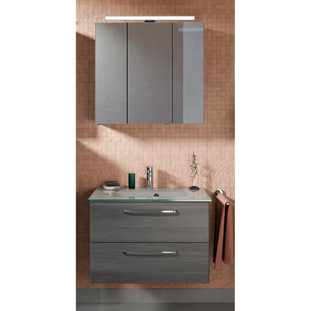 Waschplatz Badezimmer mit Glaswaschbecken TRENTO-66 in Graphit Struktur Nb. günstig online kaufen