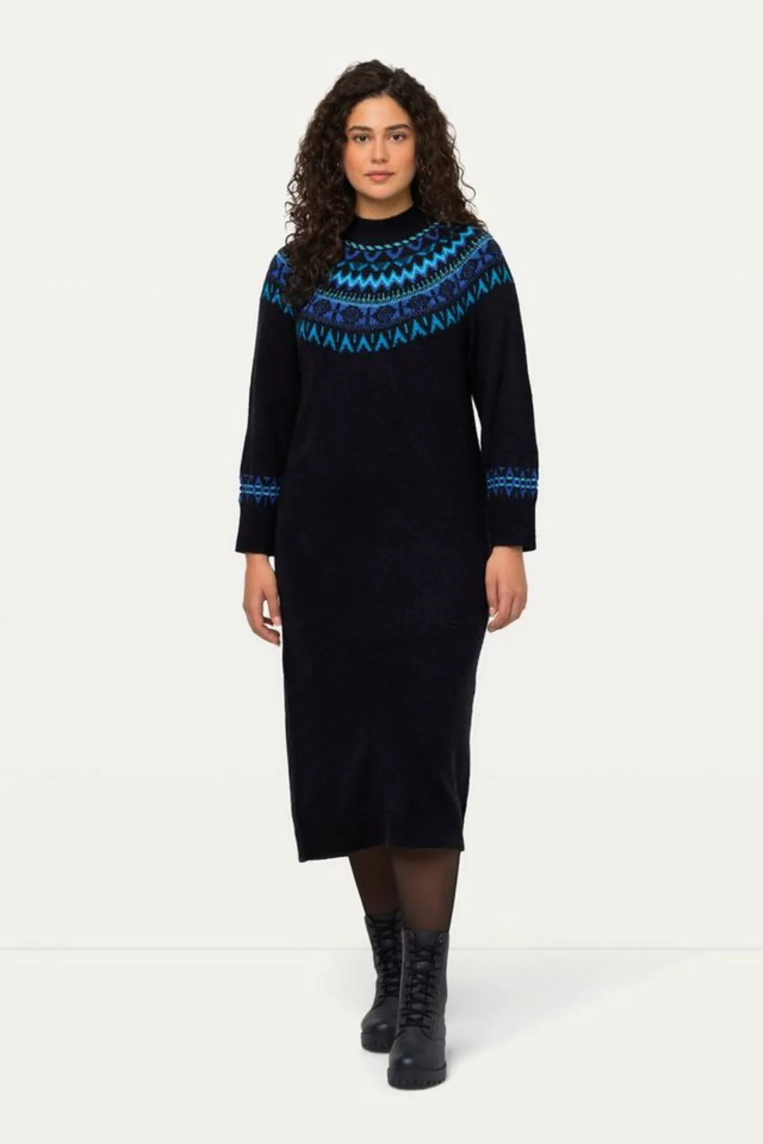 Ulla Popken Strickkleid Strick-Midikleid Norwegermuster Rundhals Langarm günstig online kaufen