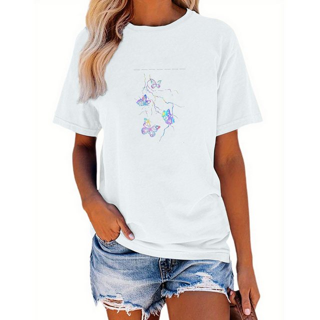 PYL Kurzarmbluse Damen Sommer Kurzarmbluse Locker Schmetterling Print-Shirt günstig online kaufen