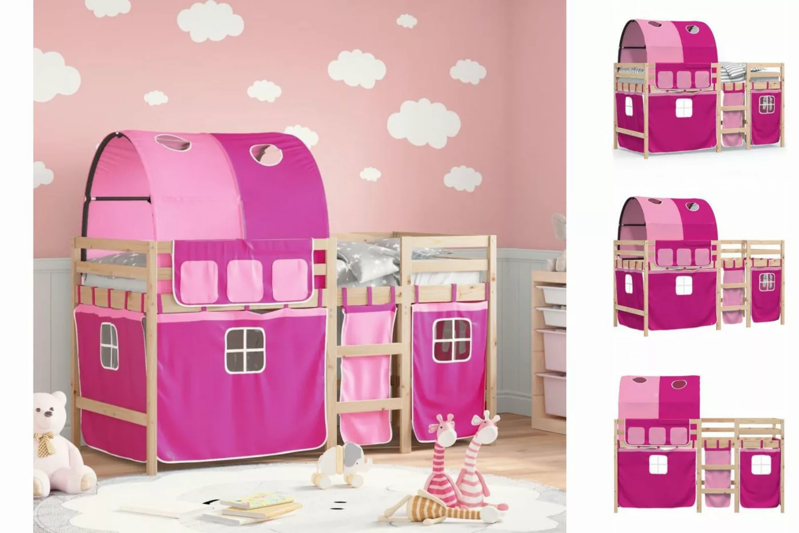 vidaXL Kinderbett Kinderhochbett mit Tunnel Rosa 90x200 cm Massivholz Kiefe günstig online kaufen