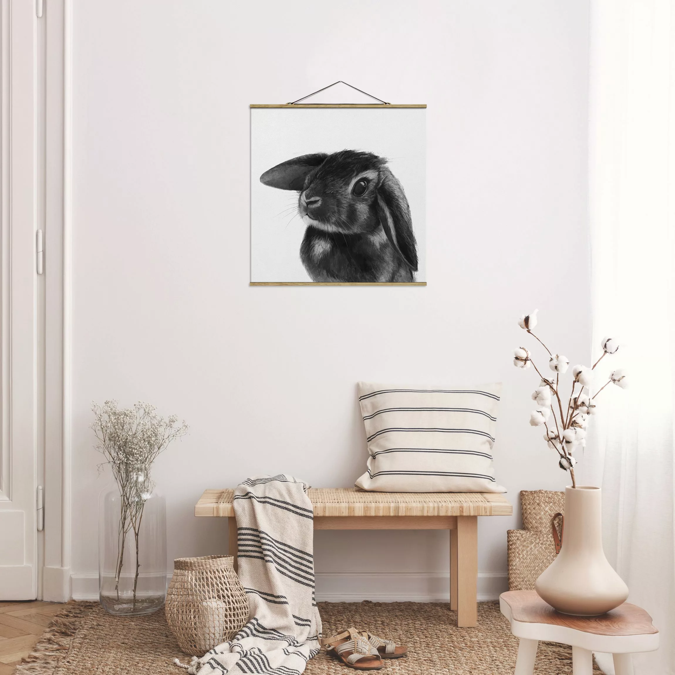 Stoffbild Tiere mit Posterleisten - Quadrat Illustration Hase Schwarz Weiß günstig online kaufen