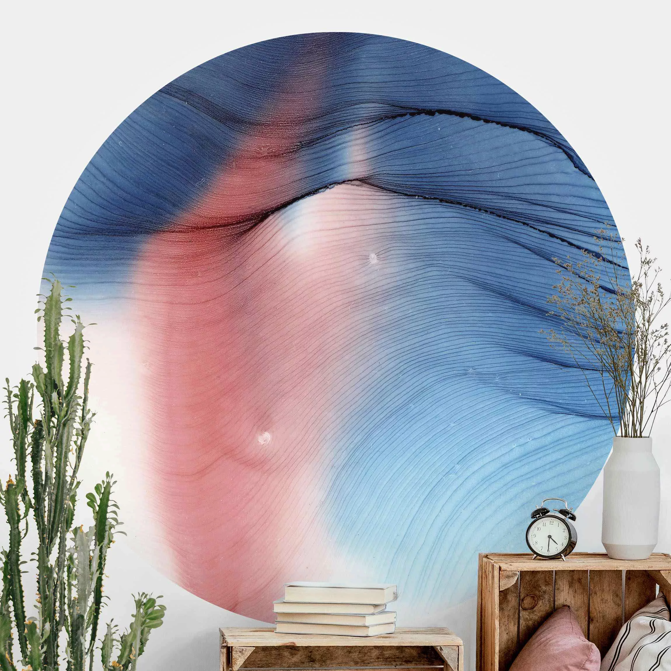Runde Fototapete selbstklebend Melierter Farbtanz in Blau mit Rot günstig online kaufen