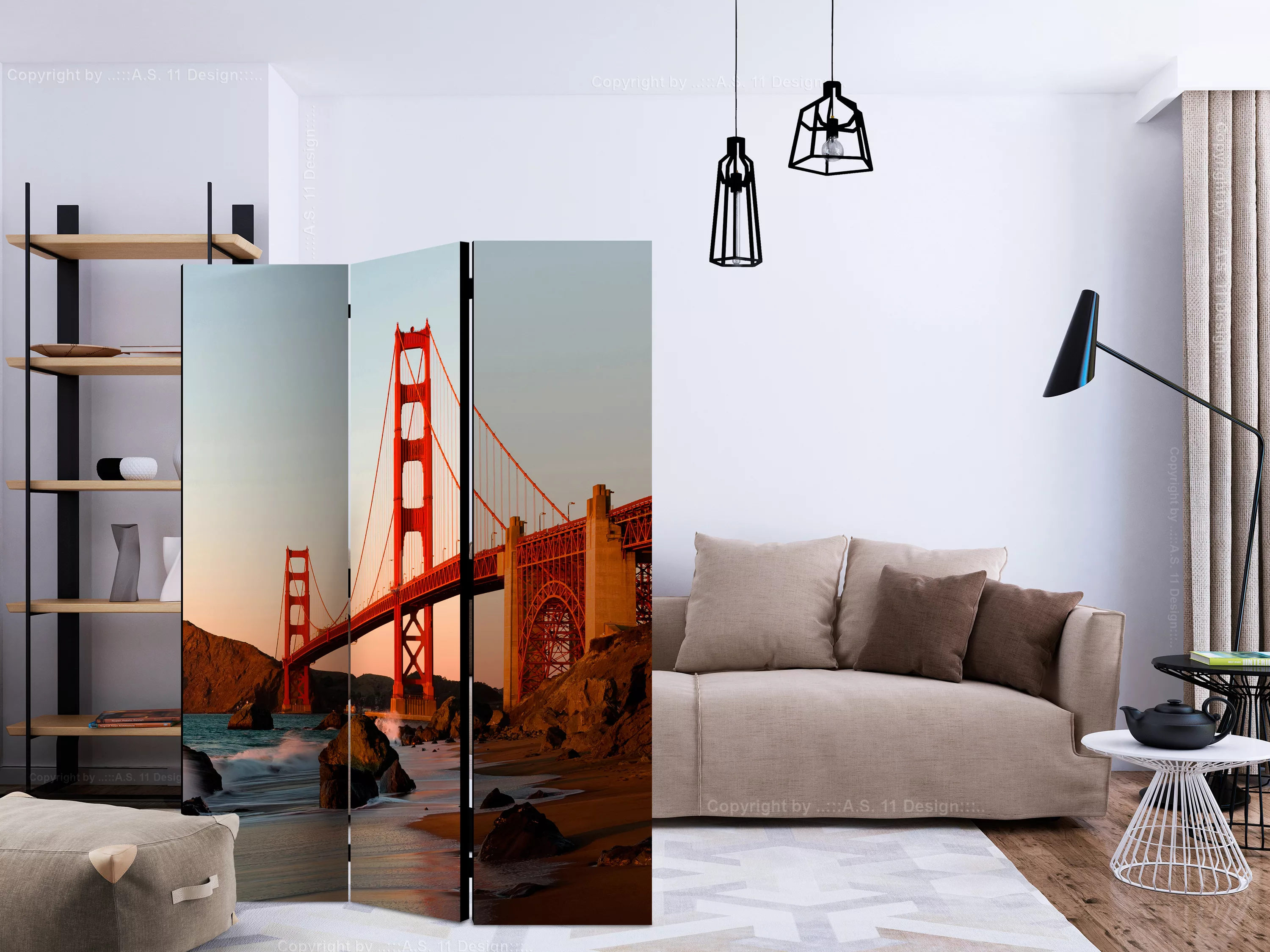3-teiliges Paravent - Golden Gate Bridge - Sunset, San Francisco [room Divi günstig online kaufen