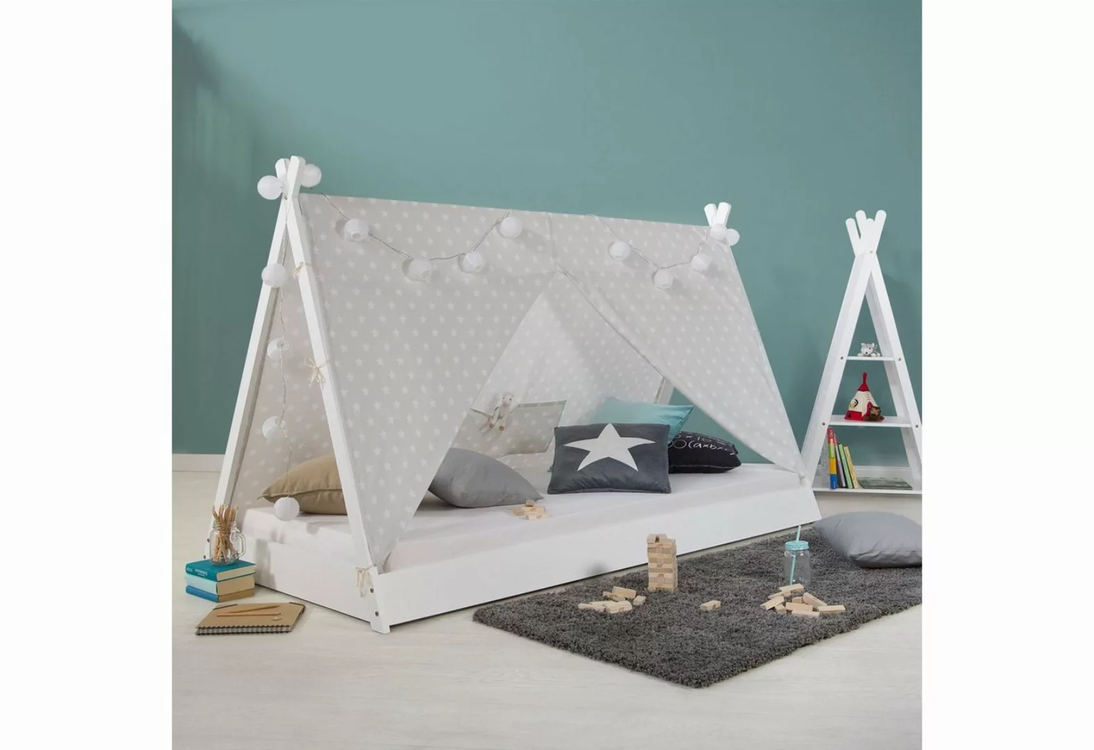 Homestyle4u Kinderbett 90x200 Hausbett TIPI Weiß oder Grau Vorhang Sterne H günstig online kaufen