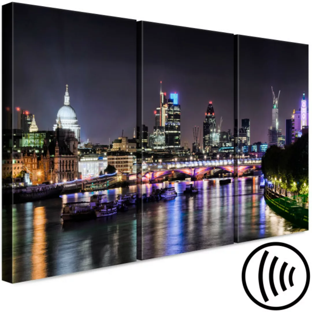 Wandbild Triptychon über dem Fluss in London - Stadt bei Nacht mit Brücke X günstig online kaufen