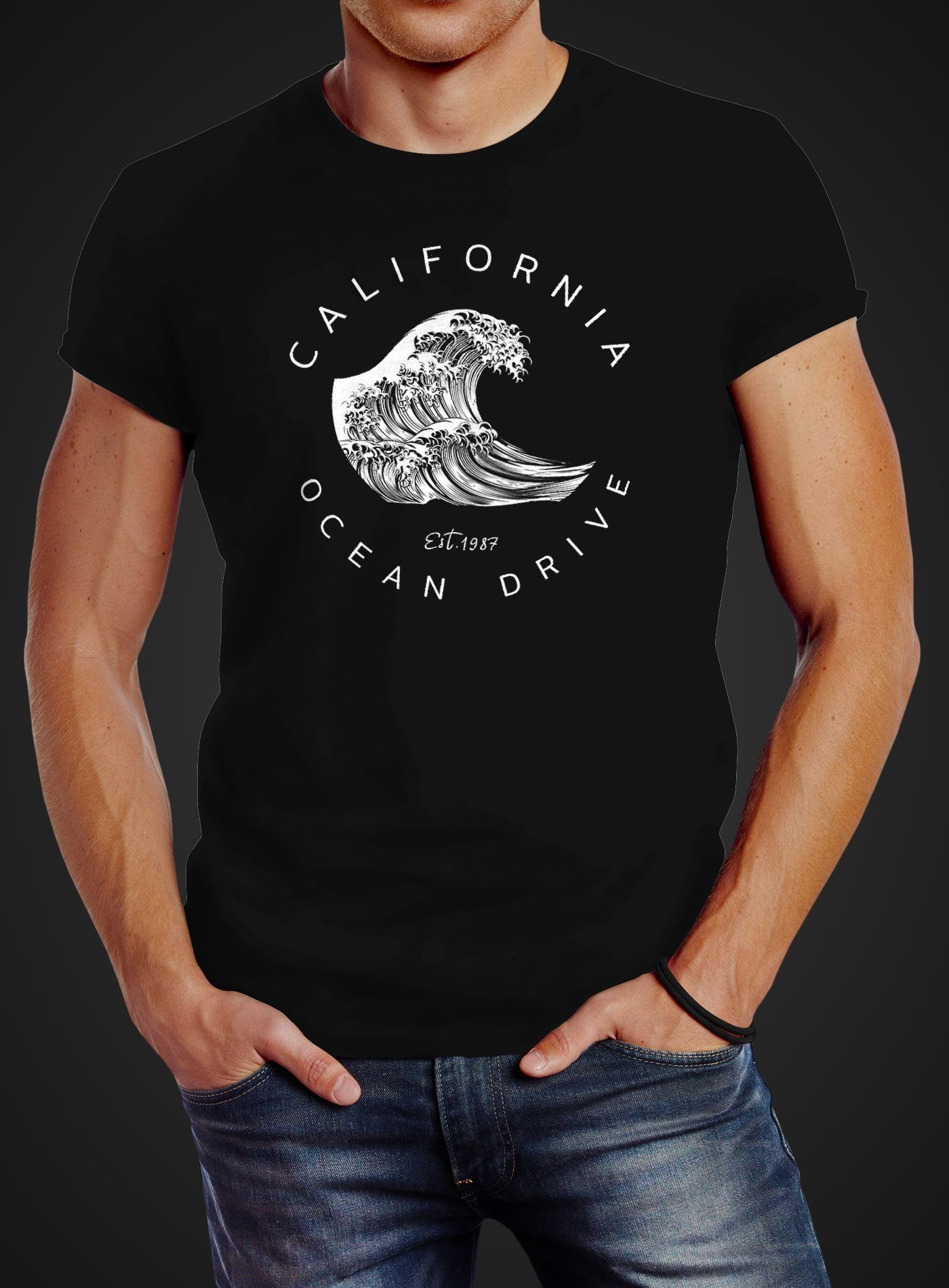 Neverless Print-Shirt Herren T-Shirt Welle Wave günstig online kaufen