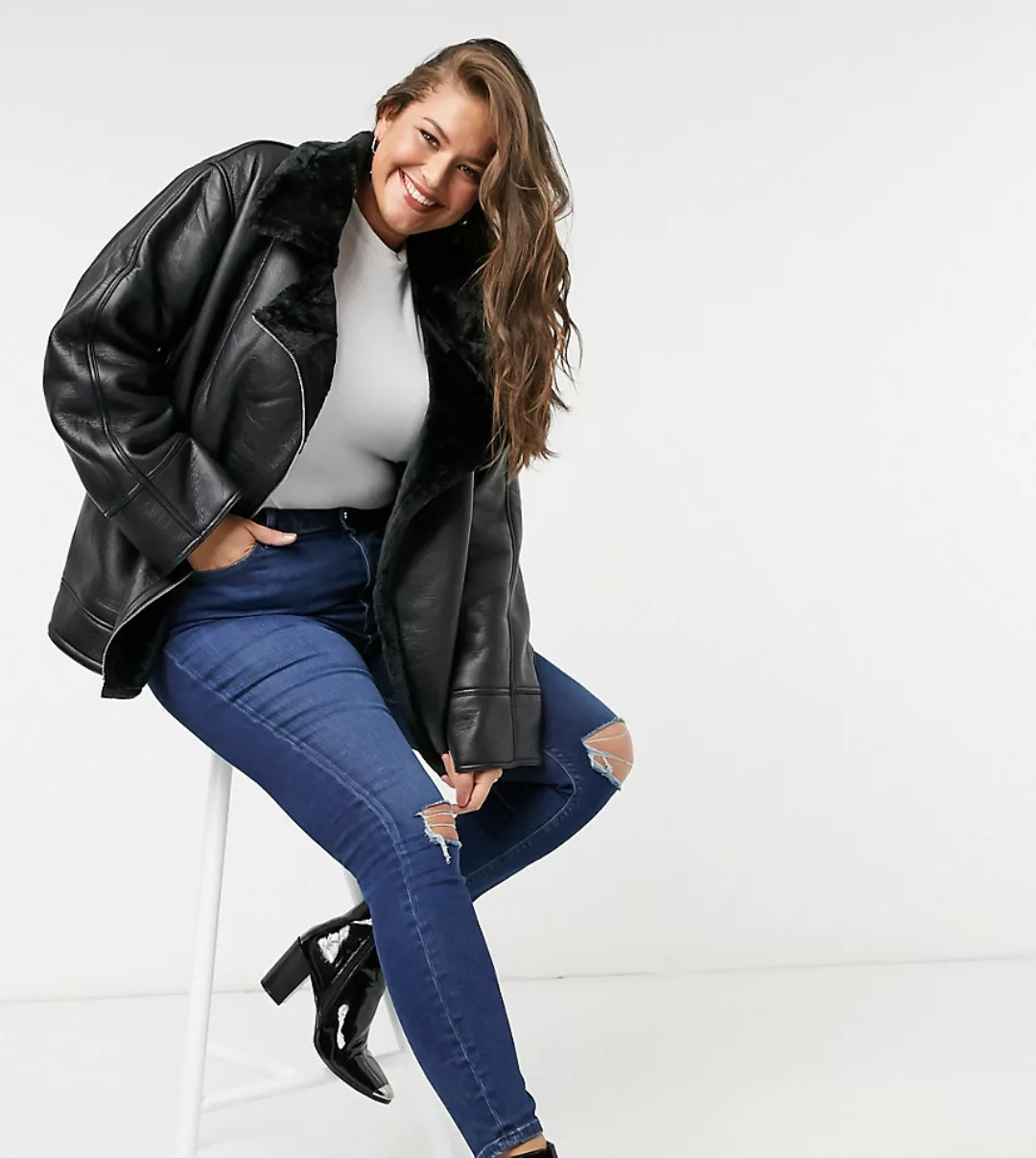 ASOS DESIGN Curve – Schwarze Pilotenjacke mit Kunstpelz günstig online kaufen