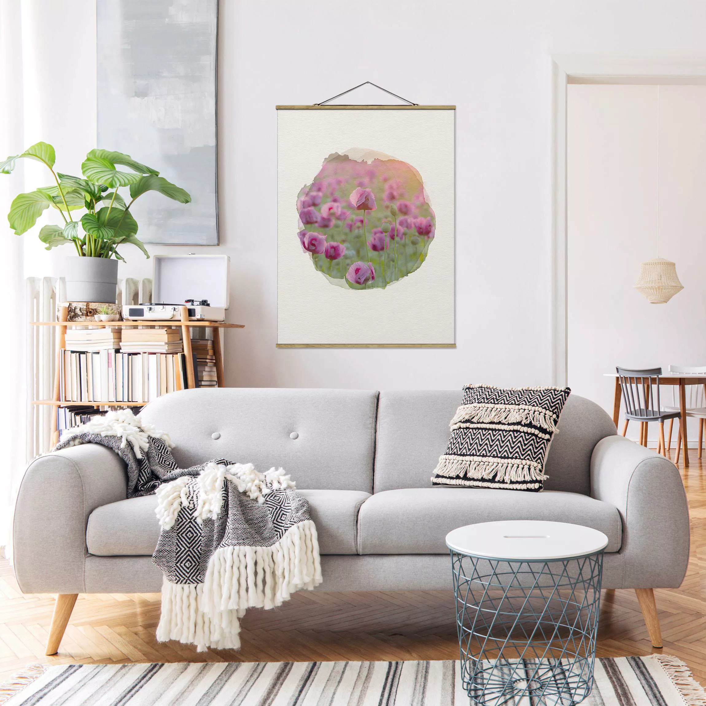 Stoffbild Blumen mit Posterleisten - Hochformat Wasserfarben - Violette Sch günstig online kaufen