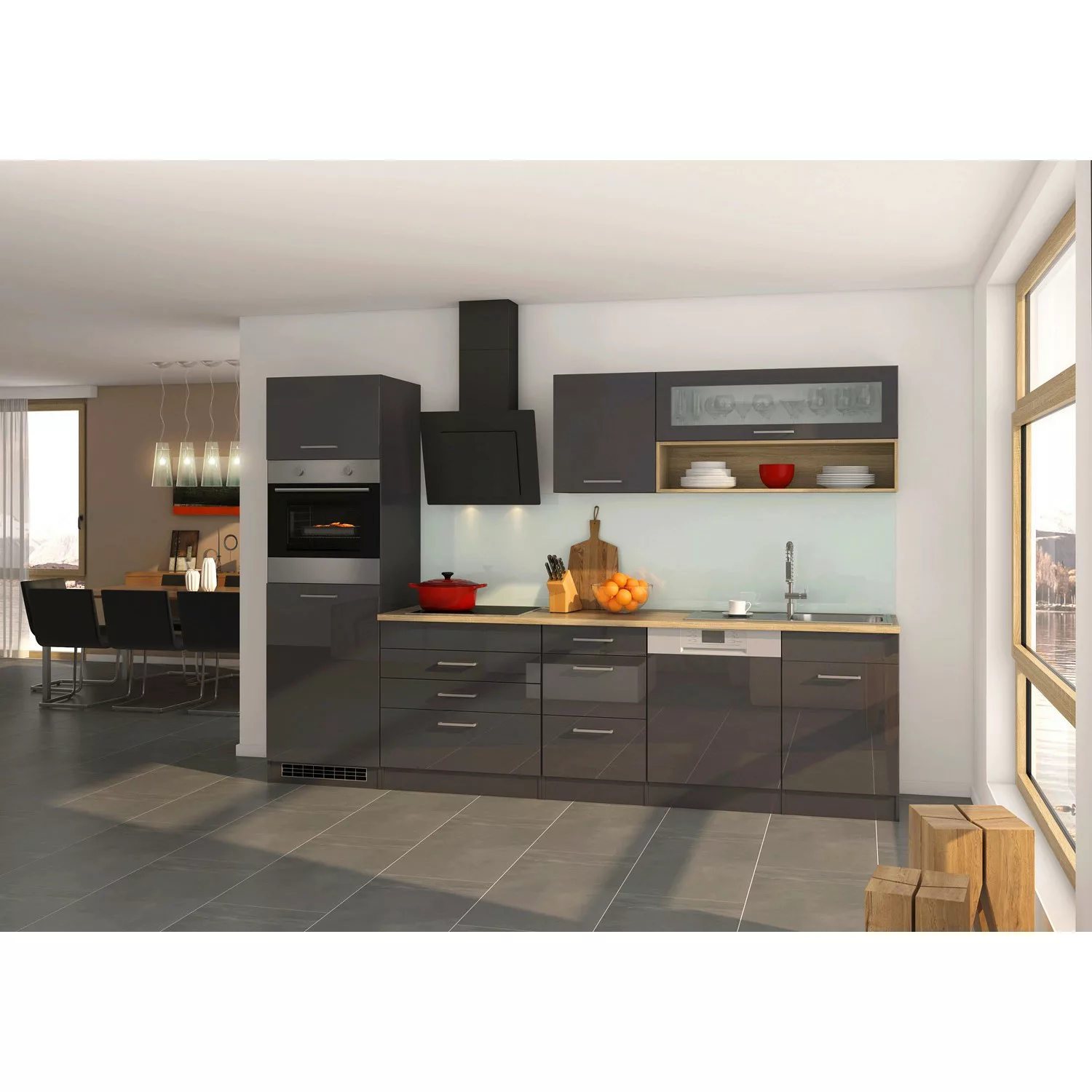 Held Möbel Küchenzeile Mailand 300 cm Grau Hochglanz-Grau Matt ohne E-Gerät günstig online kaufen